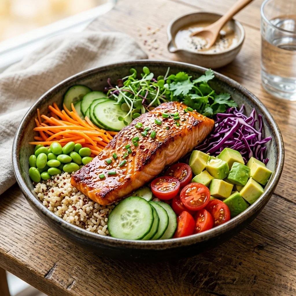 Colorful Salmon Buddha Bowl with fresh vegetables and grains