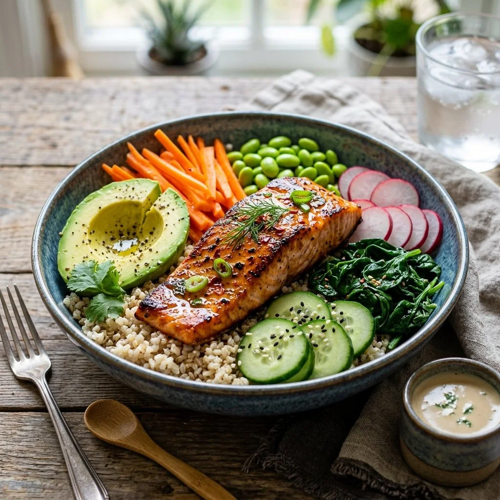 A vibrant Salmon Buddha Bowl featuring fresh salmon, vegetables, and grains.