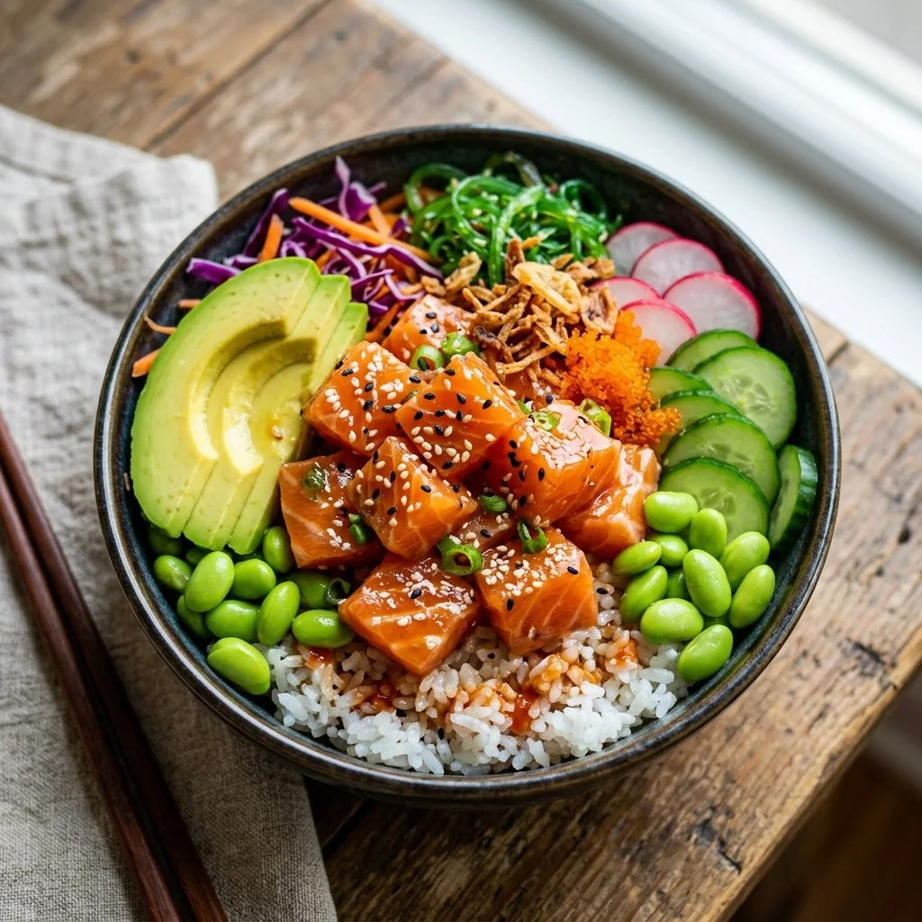 Delicious Salmon Poke Bowl with fresh ingredients and vibrant colors