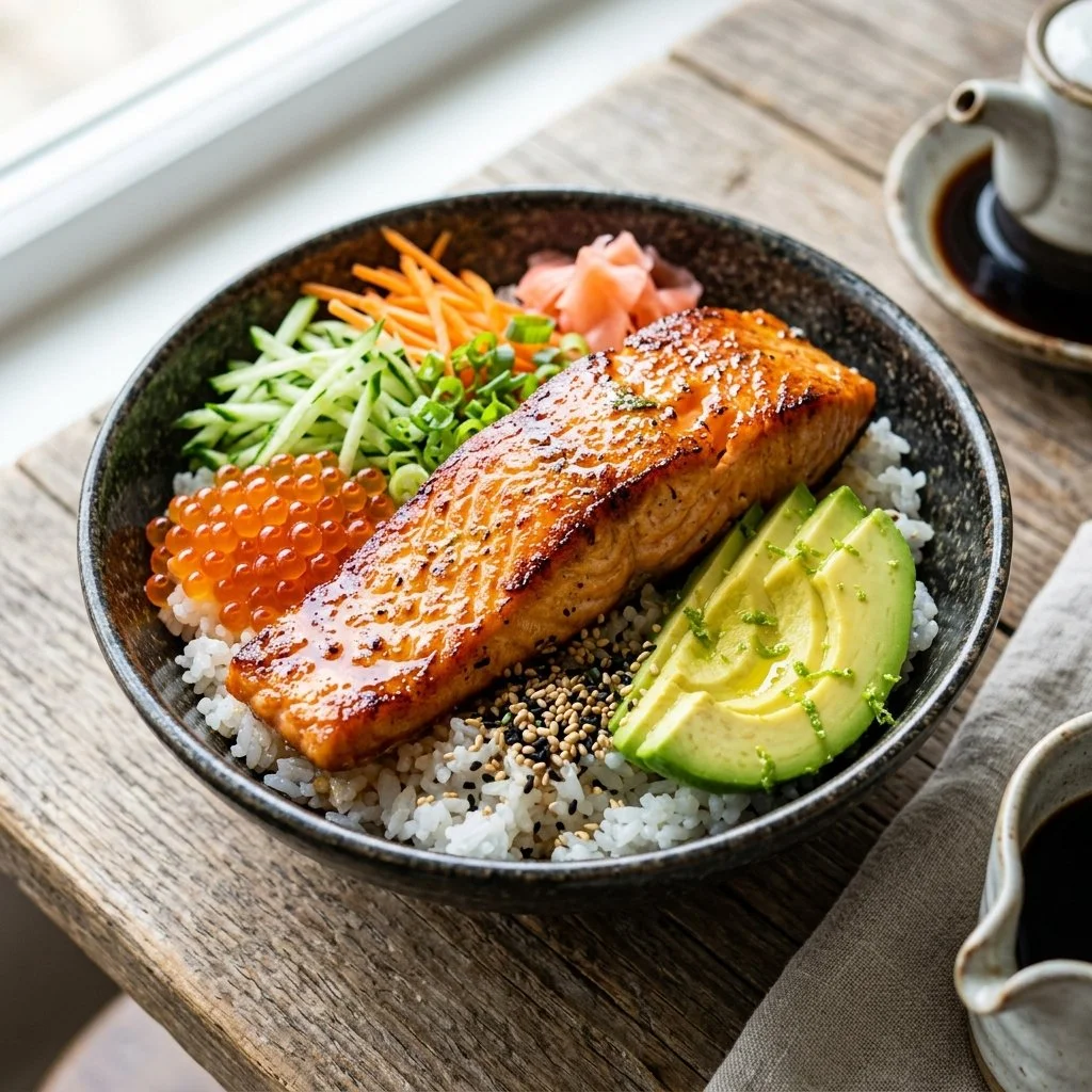 Healthy salmon rice bowl with fresh ingredients and vibrant colors