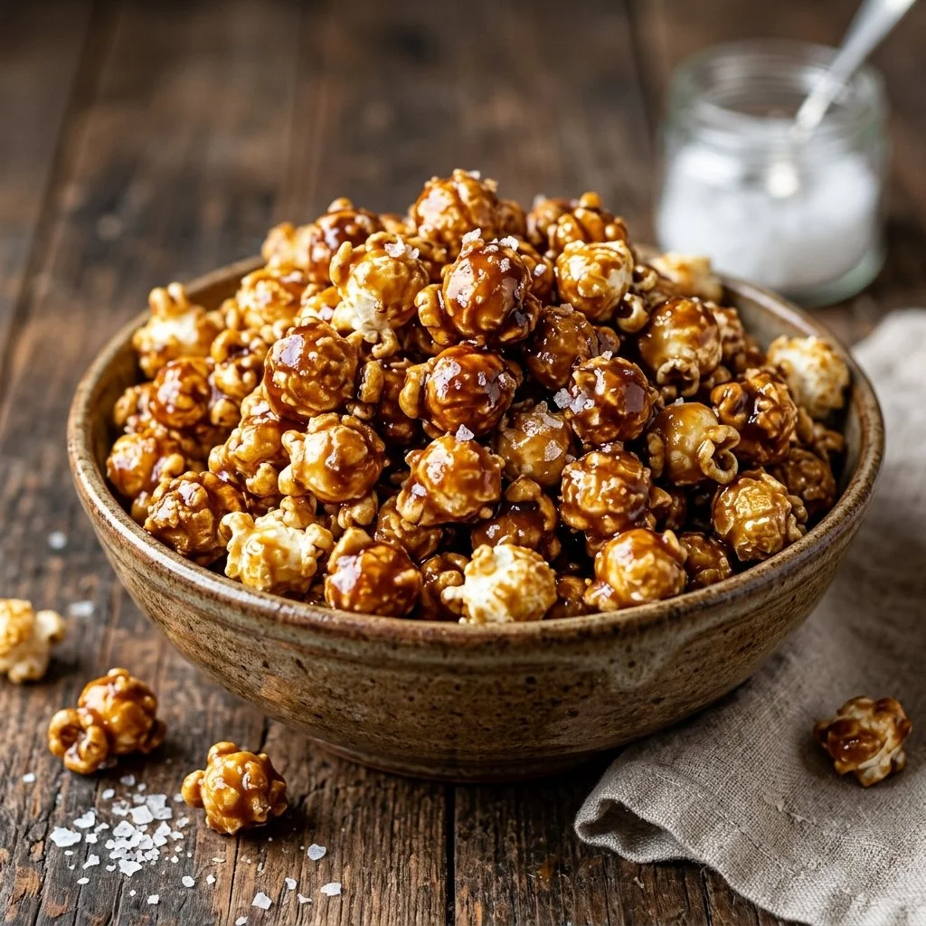 Delicious salted caramel popcorn in a bowl, perfect for snacking