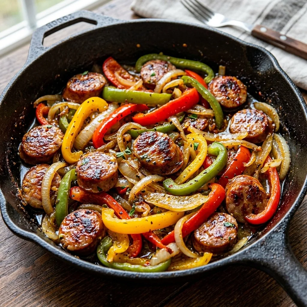 Sausage and pepper skillet dish with colorful vegetables in a pan
