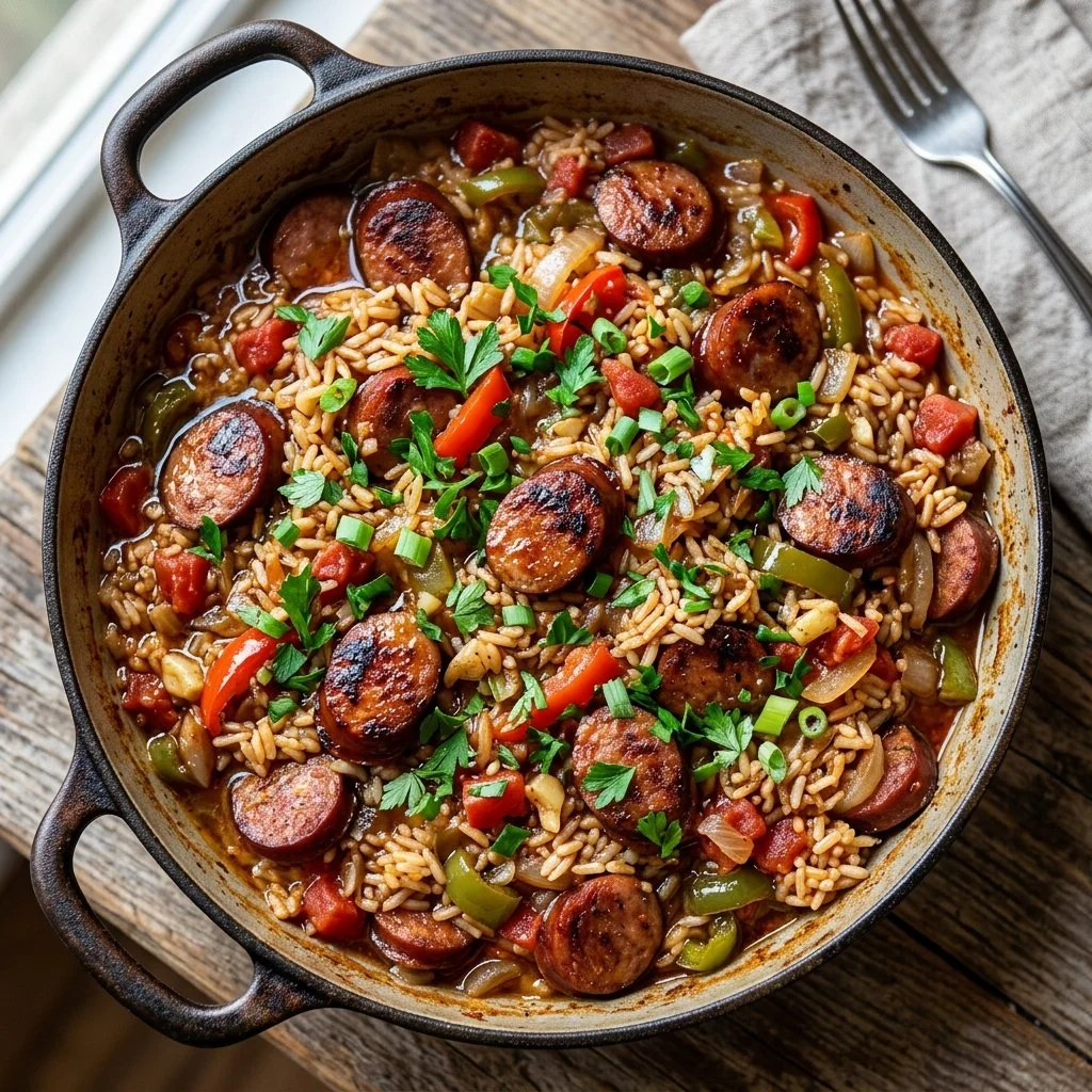 Sausage Rice Skillet dish served in a pan with colorful vegetables.