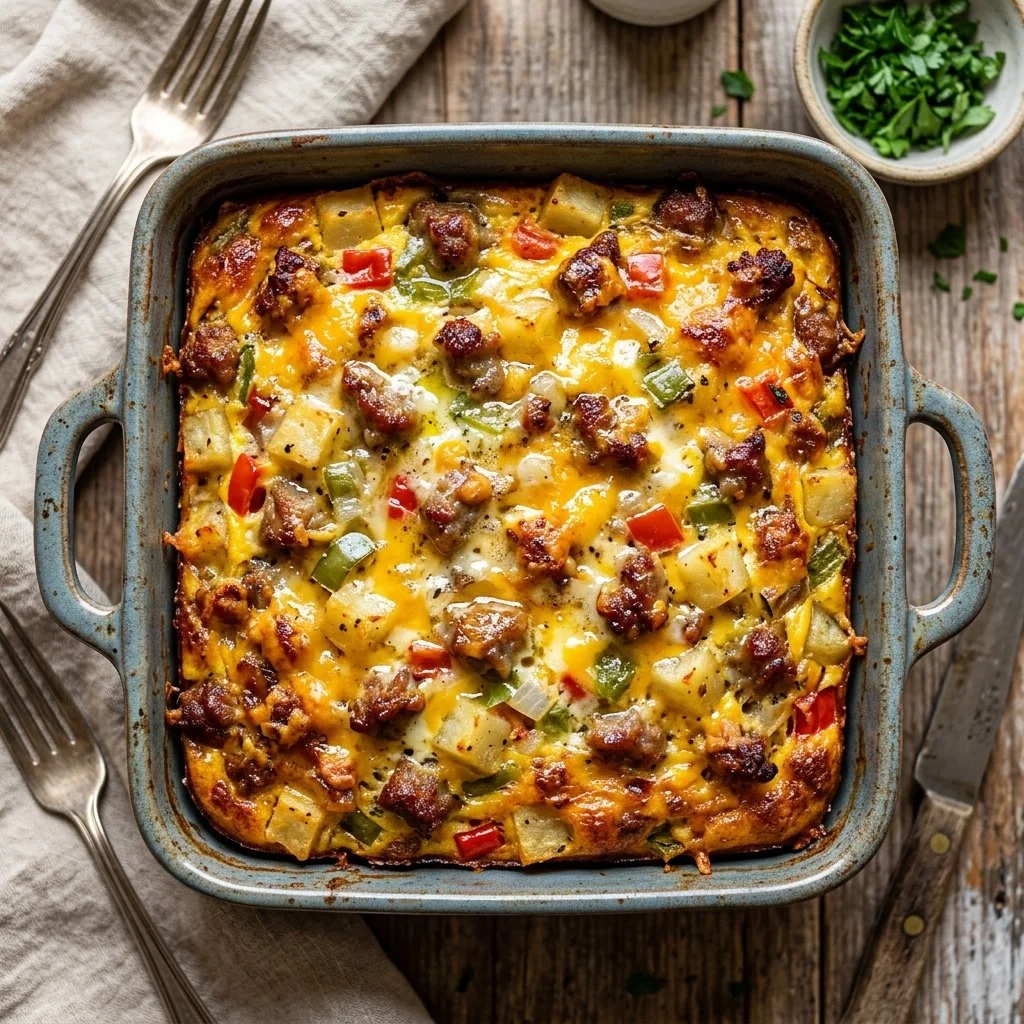 Sausage Breakfast Casserole served on a plate with fresh herbs
