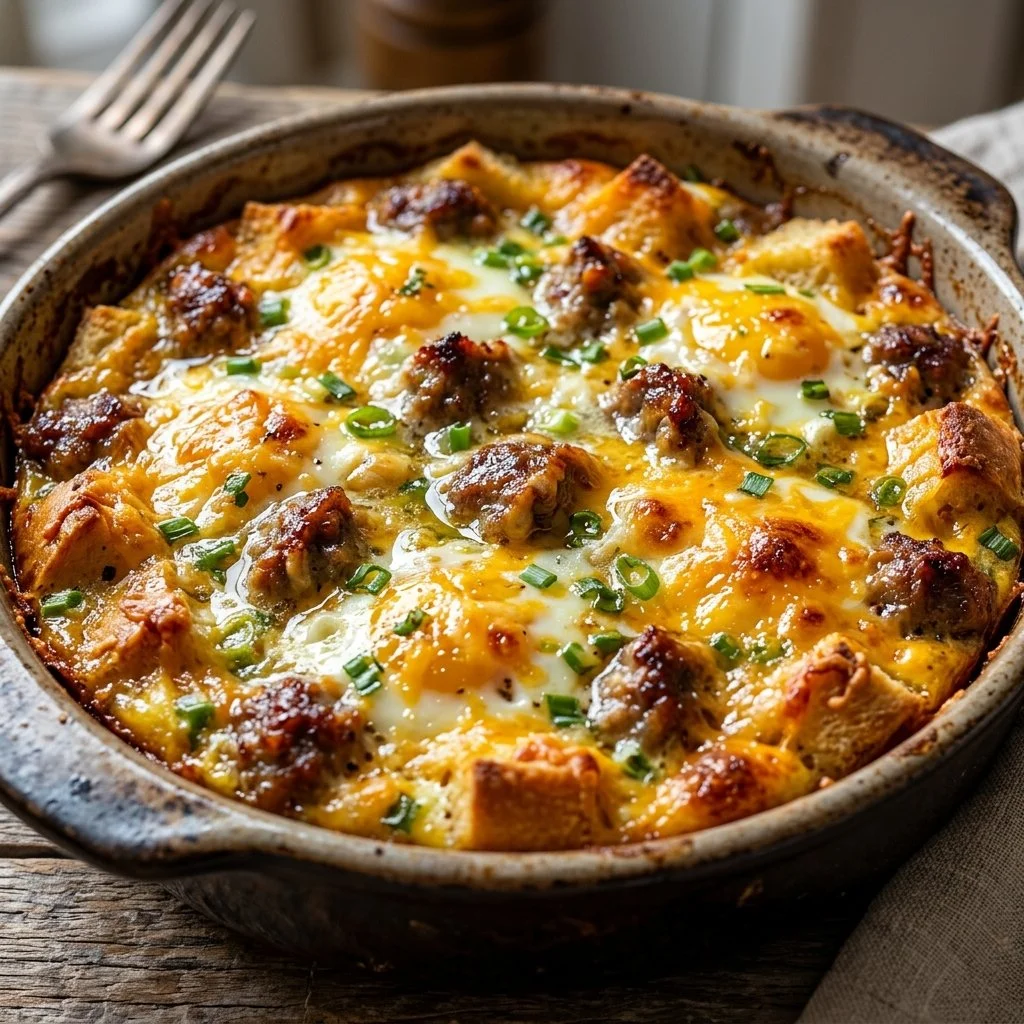 Delicious Sausage Egg Casserole served with herbs and cheese.