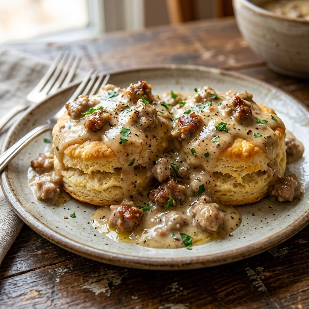Delicious sausage gravy served over flaky biscuits for a hearty breakfast.