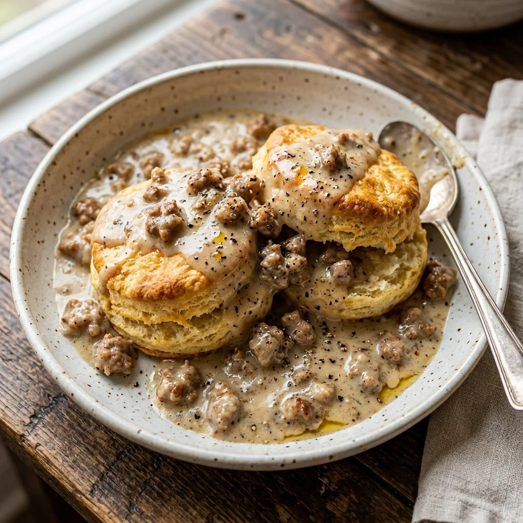 Delicious plate of sausage gravy served over warm, fluffy biscuits