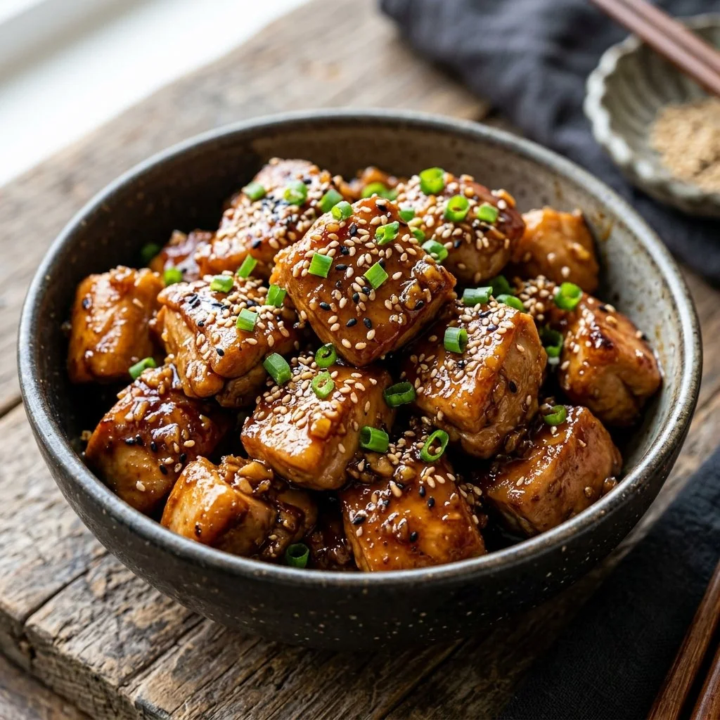 Plate of homemade Sesame Garlic Chicken garnished with sesame seeds and green onions
