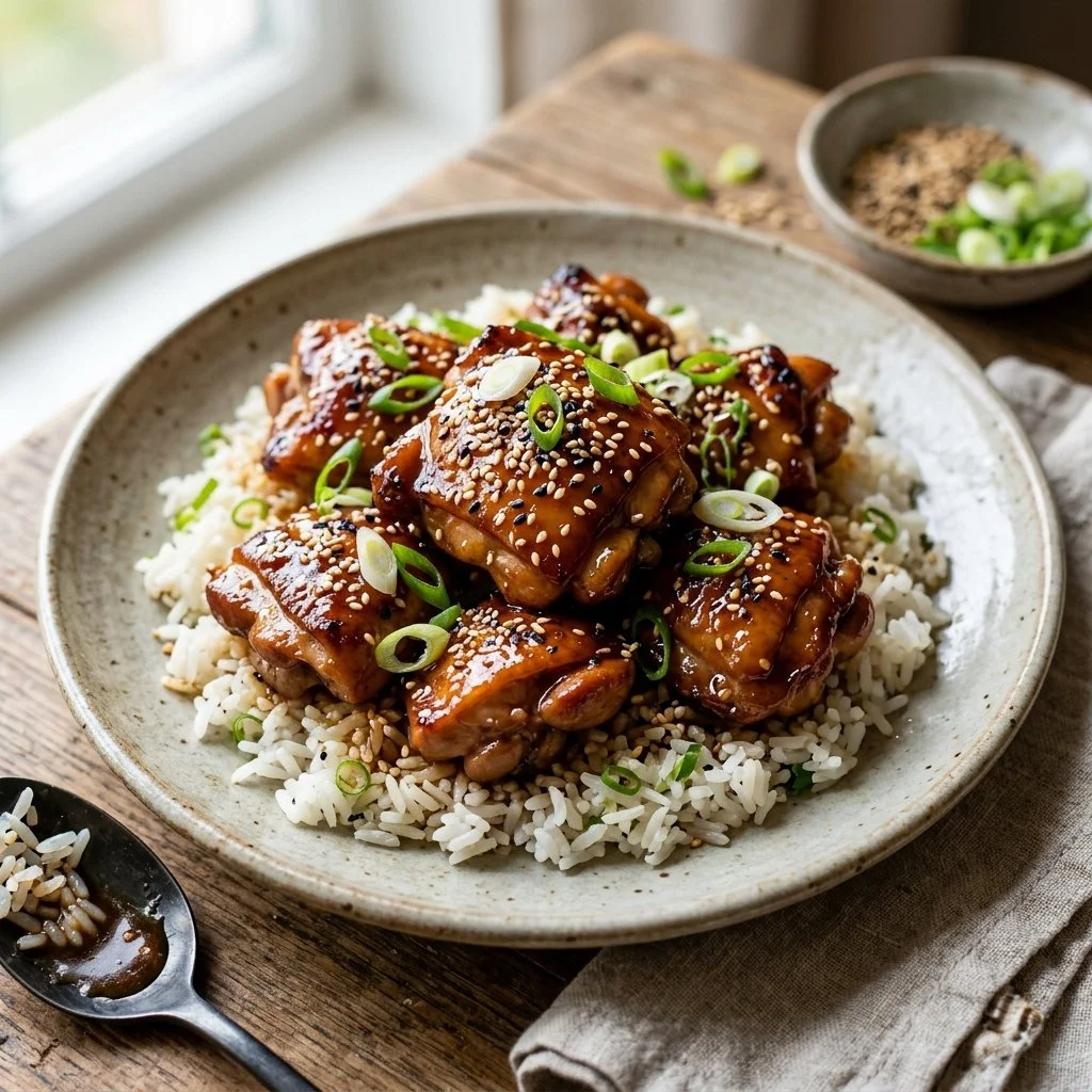 Plate of flavorful Sesame Ginger Chicken garnished with sesame seeds and green onions
