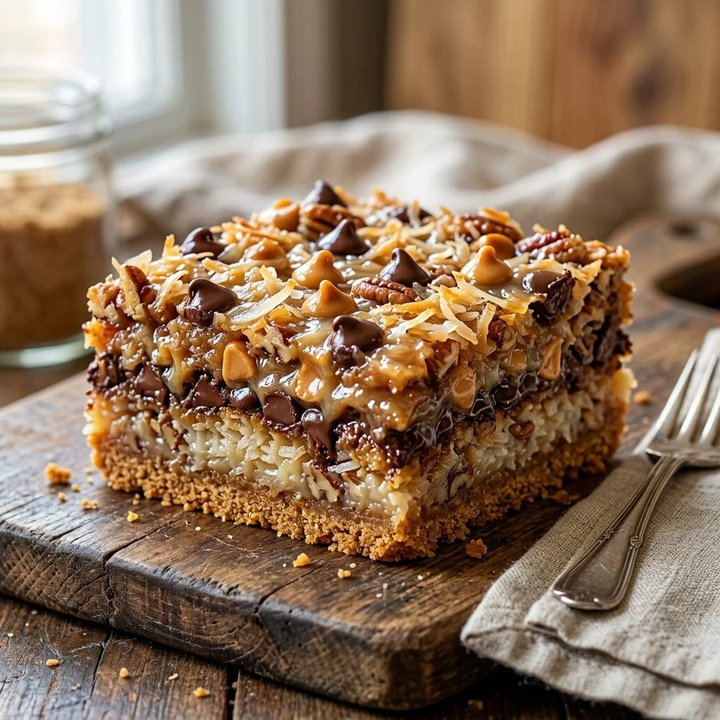 Delicious seven layer bars showcasing chocolate chips, coconut, and nuts.