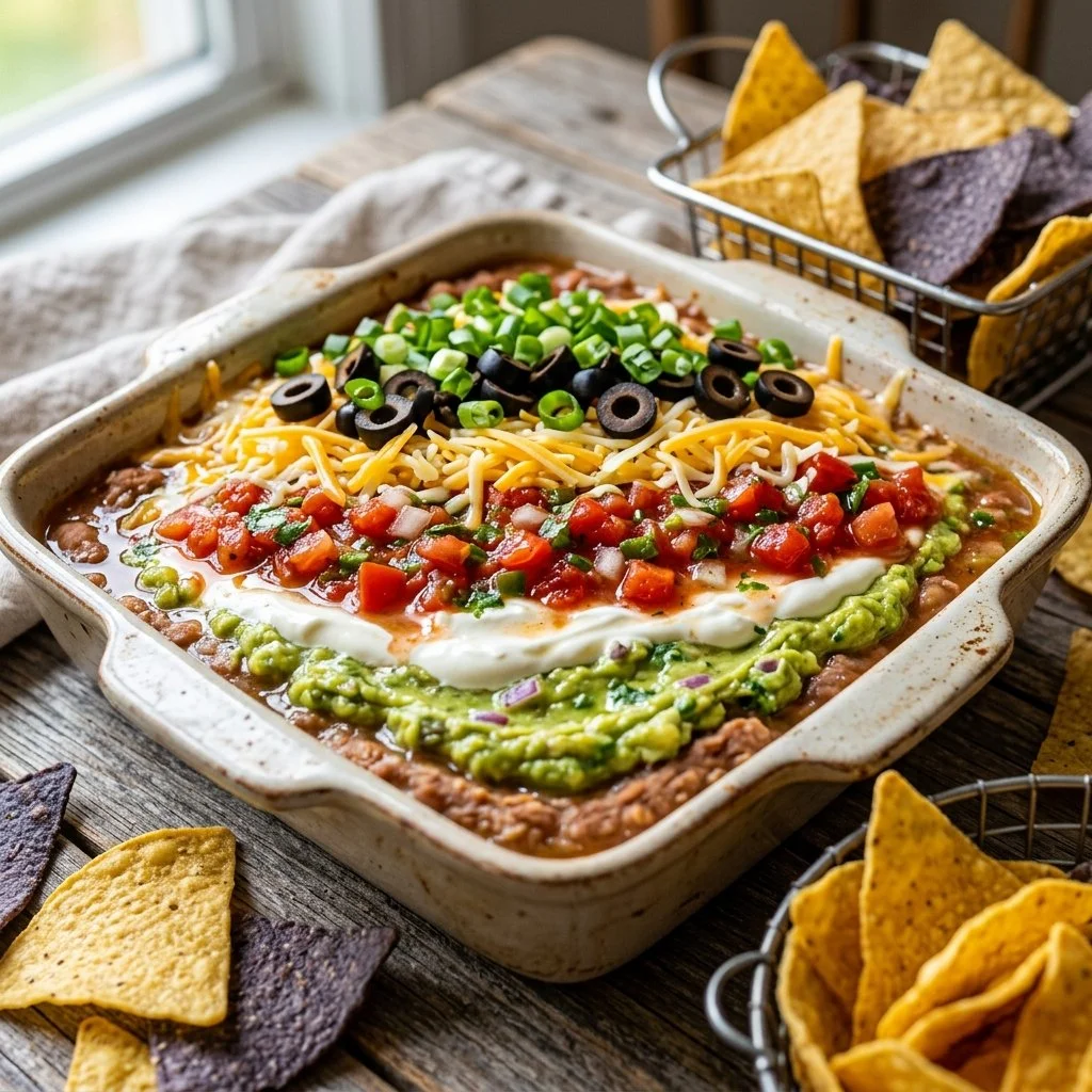 Delicious Seven Layer Dip served in a dish with layers of beans, cheese, and salsa.