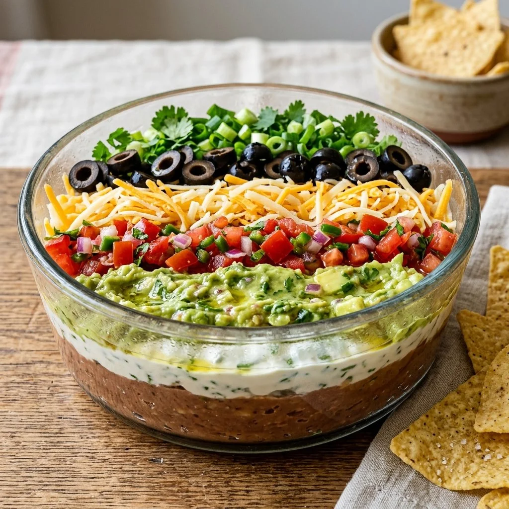 Delicious seven layer dip served in a colorful serving dish