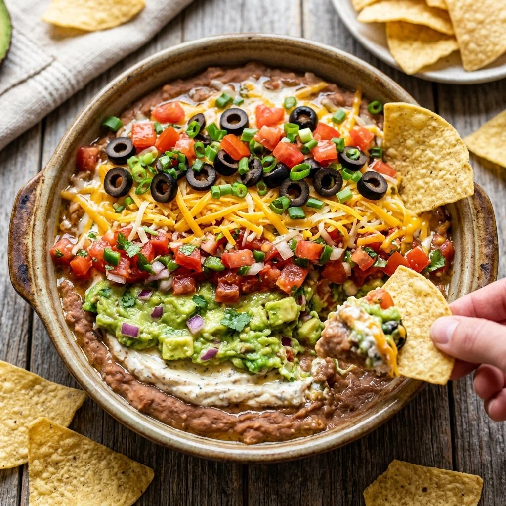 Delicious seven layer taco dip served in a colorful dish with fresh toppings.