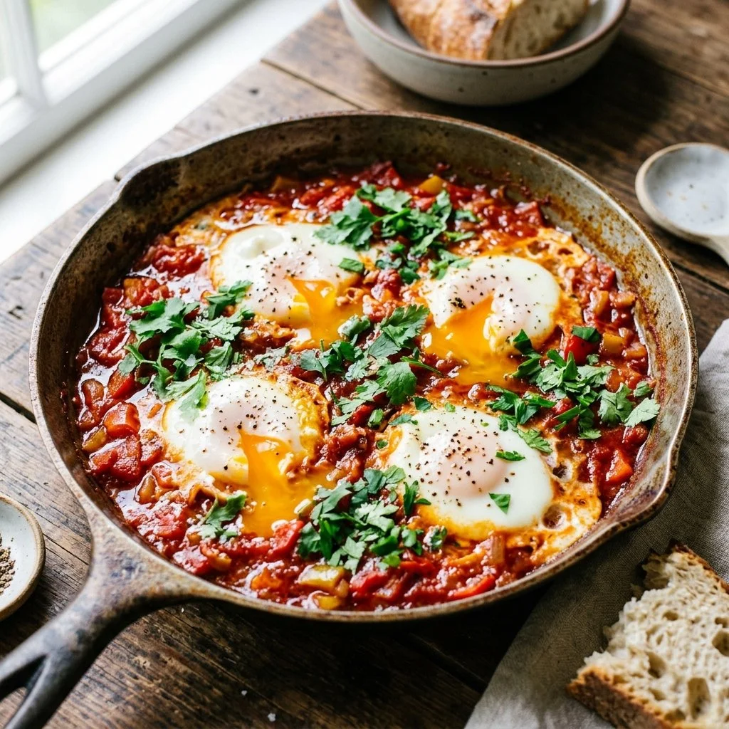 Delicious shakshuka with poached eggs and spiced tomato sauce served in a skillet.