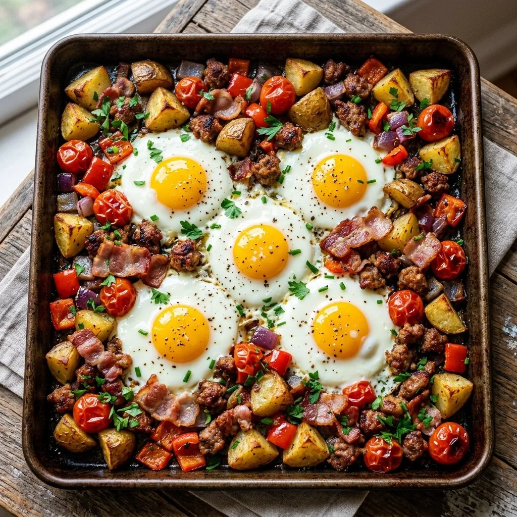 A colorful sheet pan breakfast with eggs, vegetables, and sausages.