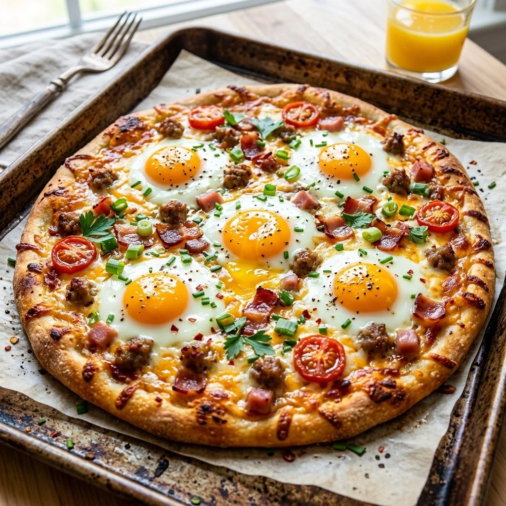Sheet Pan Breakfast Pizza topped with eggs, cheese, and veggies.