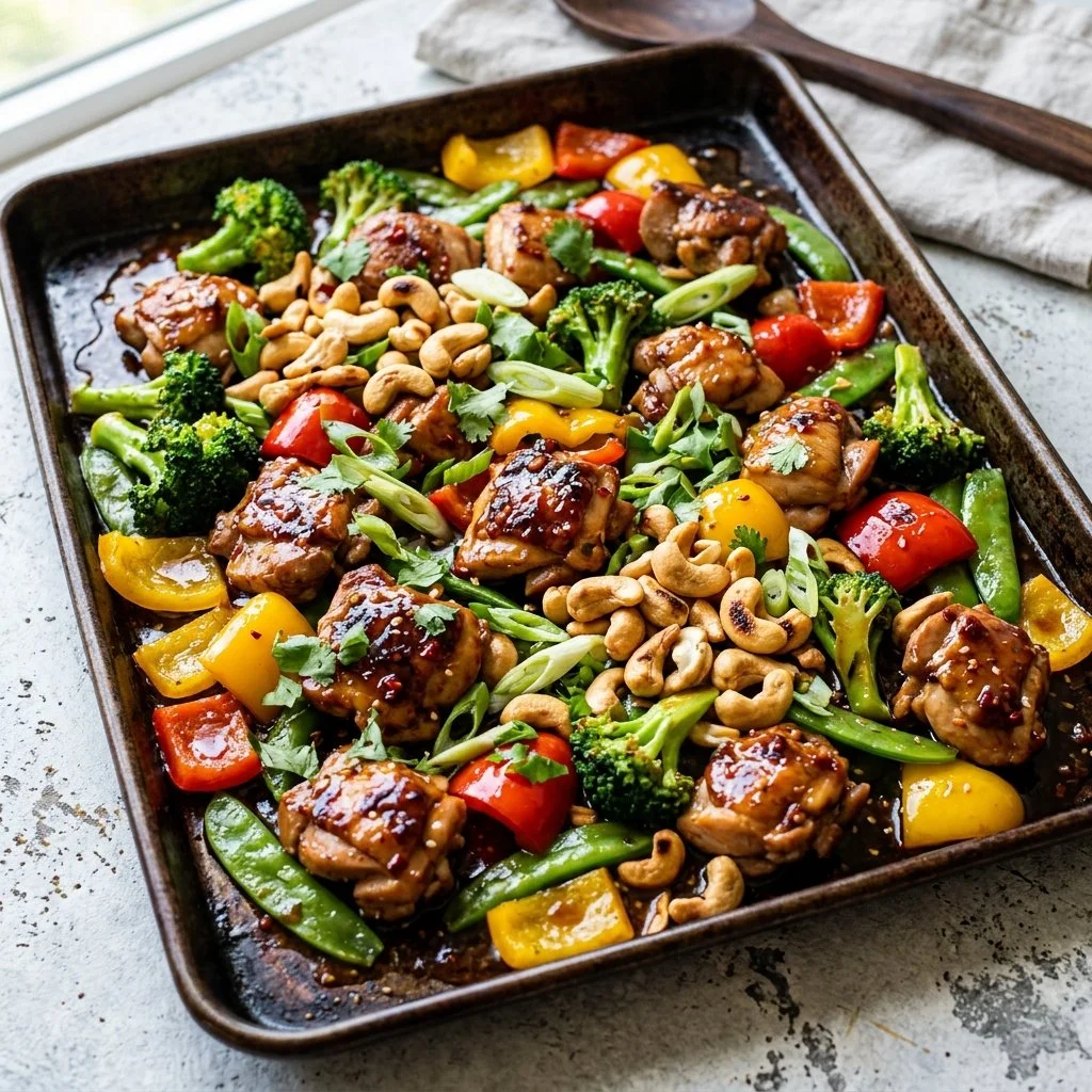 Sheet Pan Cashew Chicken with colorful vegetables and cashews baked to perfection.