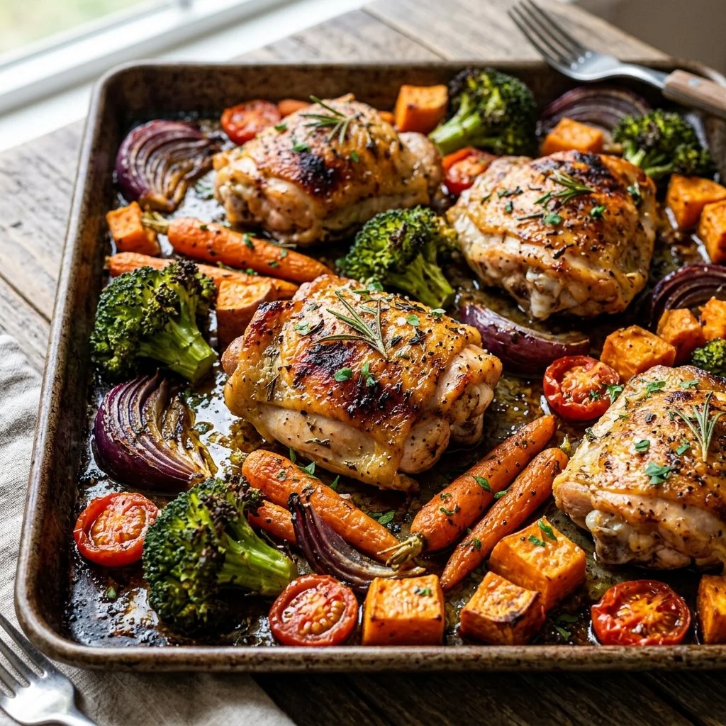 Roasted Sheet Pan Chicken with colorful veggies on a baking sheet