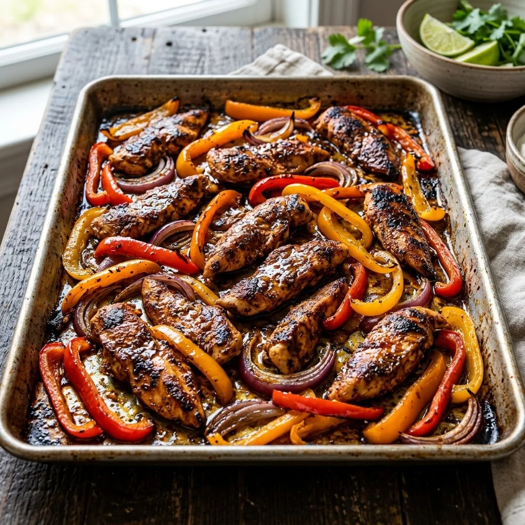 Colorful sheet pan chicken fajitas with bell peppers and onions ready to serve.