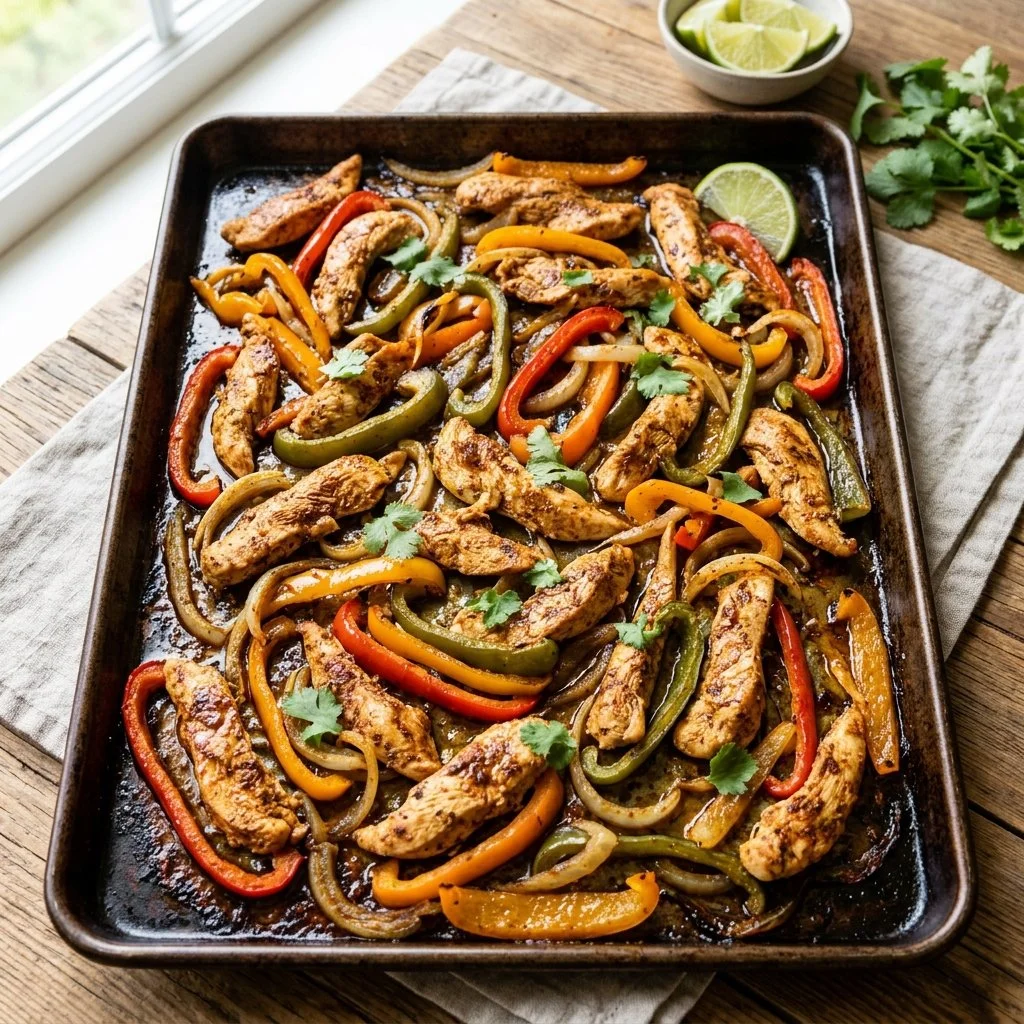 Sheet Pan Chicken Fajitas with chicken, bell peppers, and onions on a baking sheet