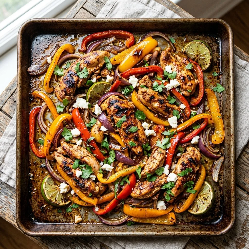 Sheet Pan Chicken Fajitas with colorful bell peppers and spices