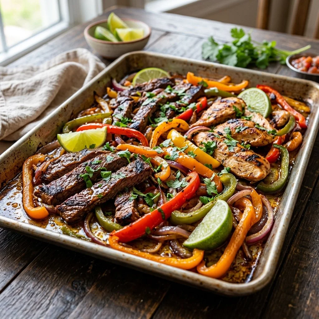 Delicious sheet pan fajitas with colorful bell peppers and onions