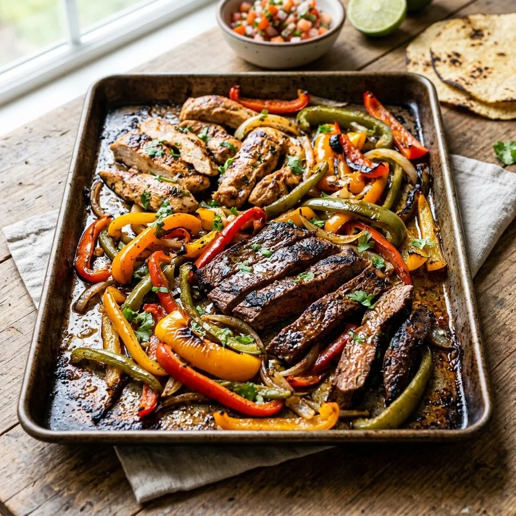 Sheet pan fajitas with colorful bell peppers and grilled chicken