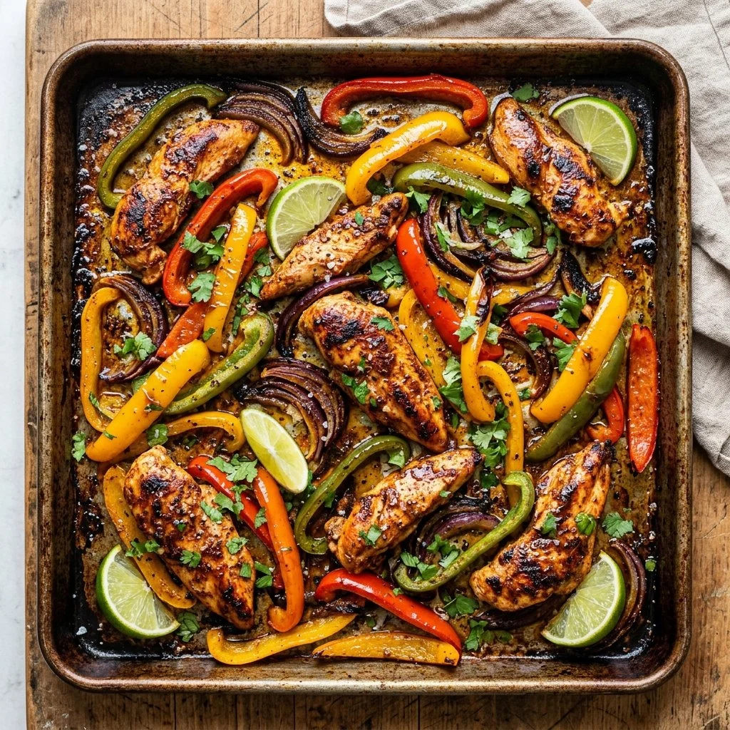 Delicious sheet pan fajitas with bell peppers and chicken