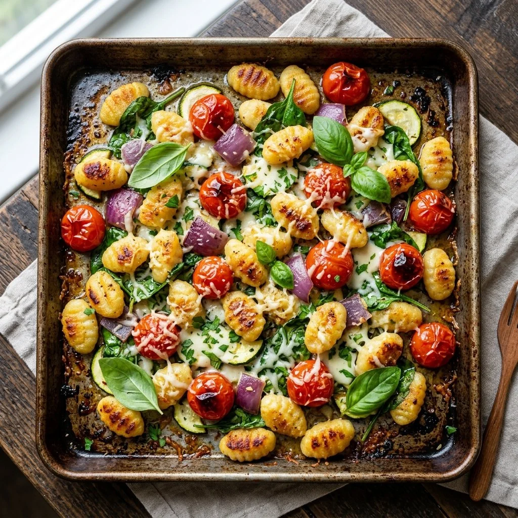 Sheet Pan Gnocchi with fresh vegetables and herbs