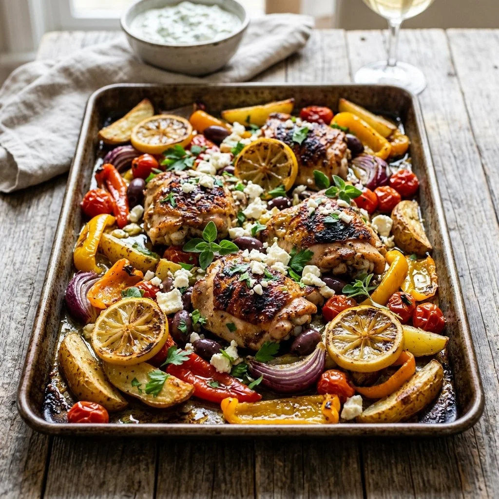 Sheet Pan Greek Chicken with colorful vegetables and herbs