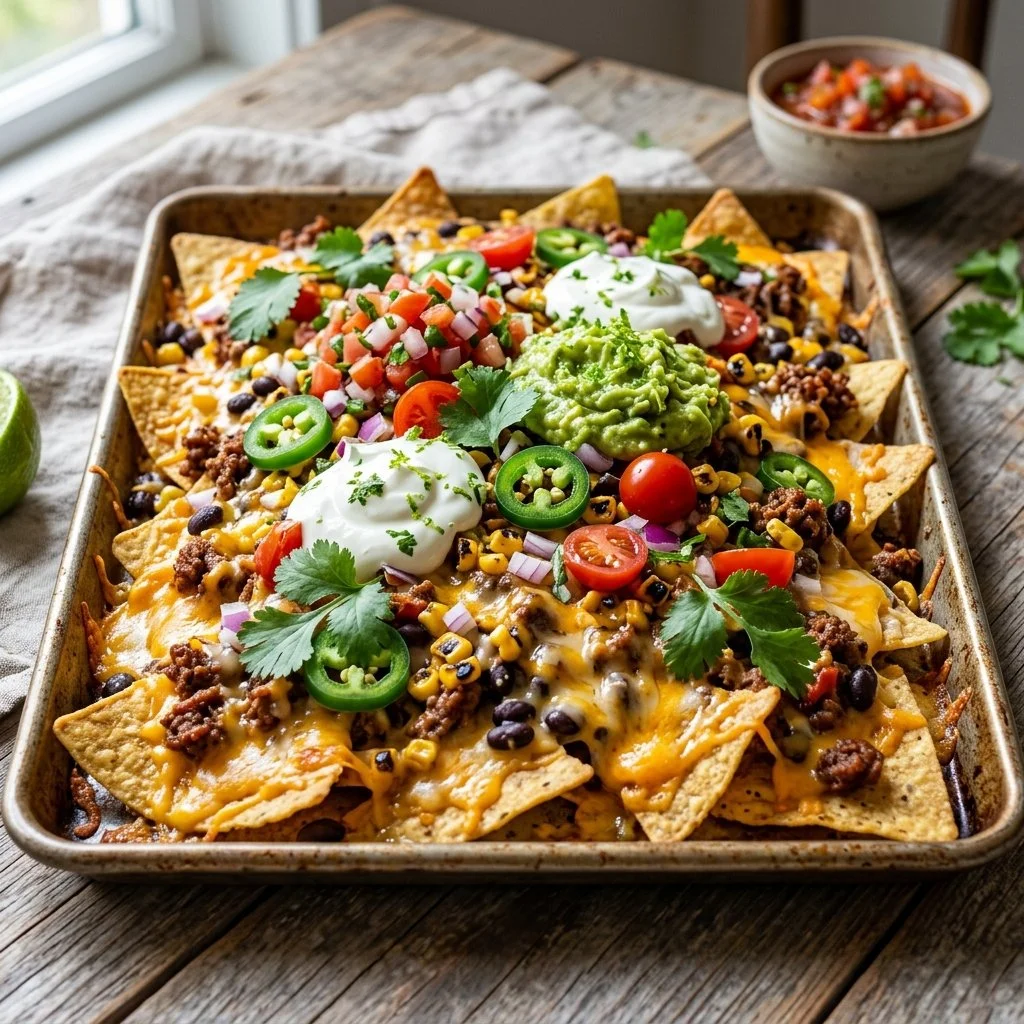 Delicious Sheet Pan Nachos topped with cheese, jalapenos, and guacamole