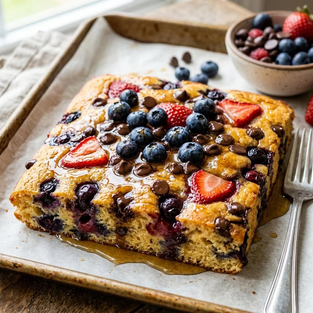 Delicious sheet pan pancakes baked on a tray, perfect for serving a crowd.