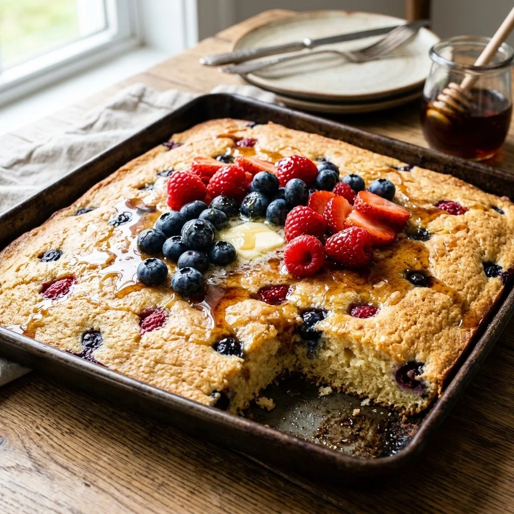 Delicious sheet pan pancakes ready to serve for breakfast.