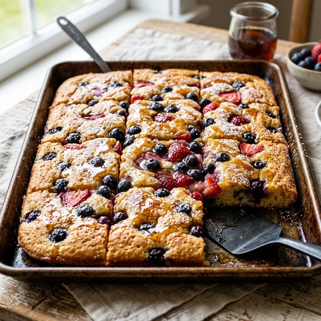 Delicious sheet pan pancakes served with syrup and fresh berries