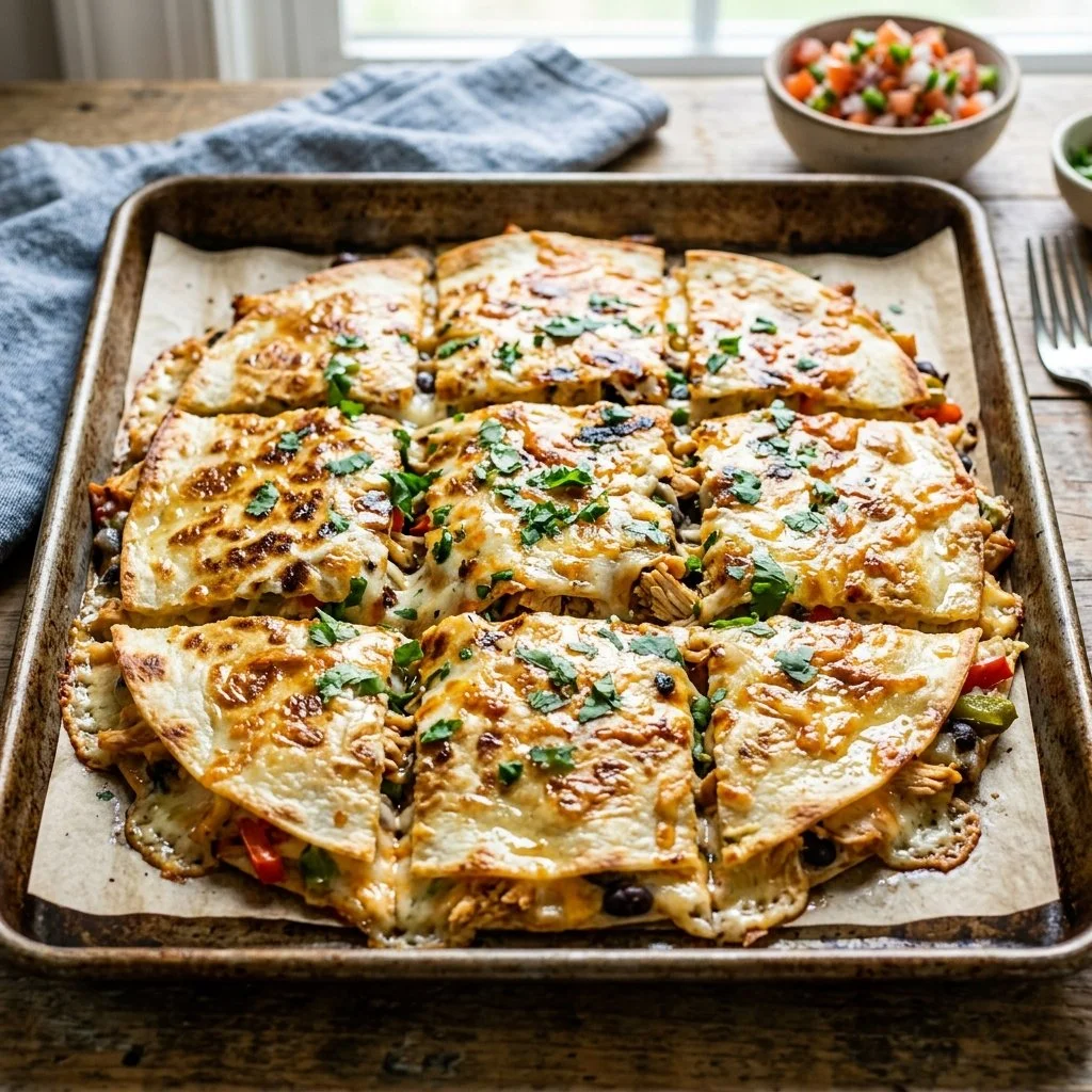 Sheet pan quesadillas with melted cheese and colorful vegetables