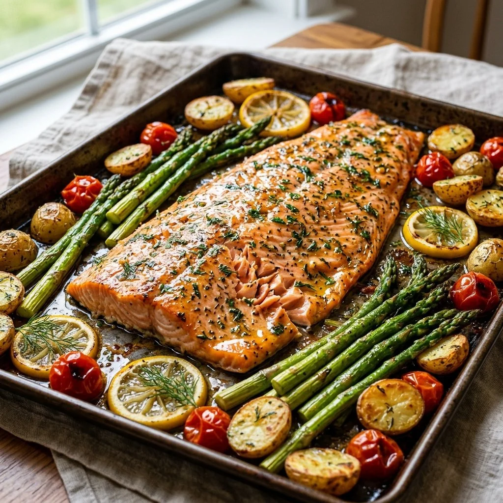 Sheet pan salmon garnished with herbs and served with seasonal vegetables