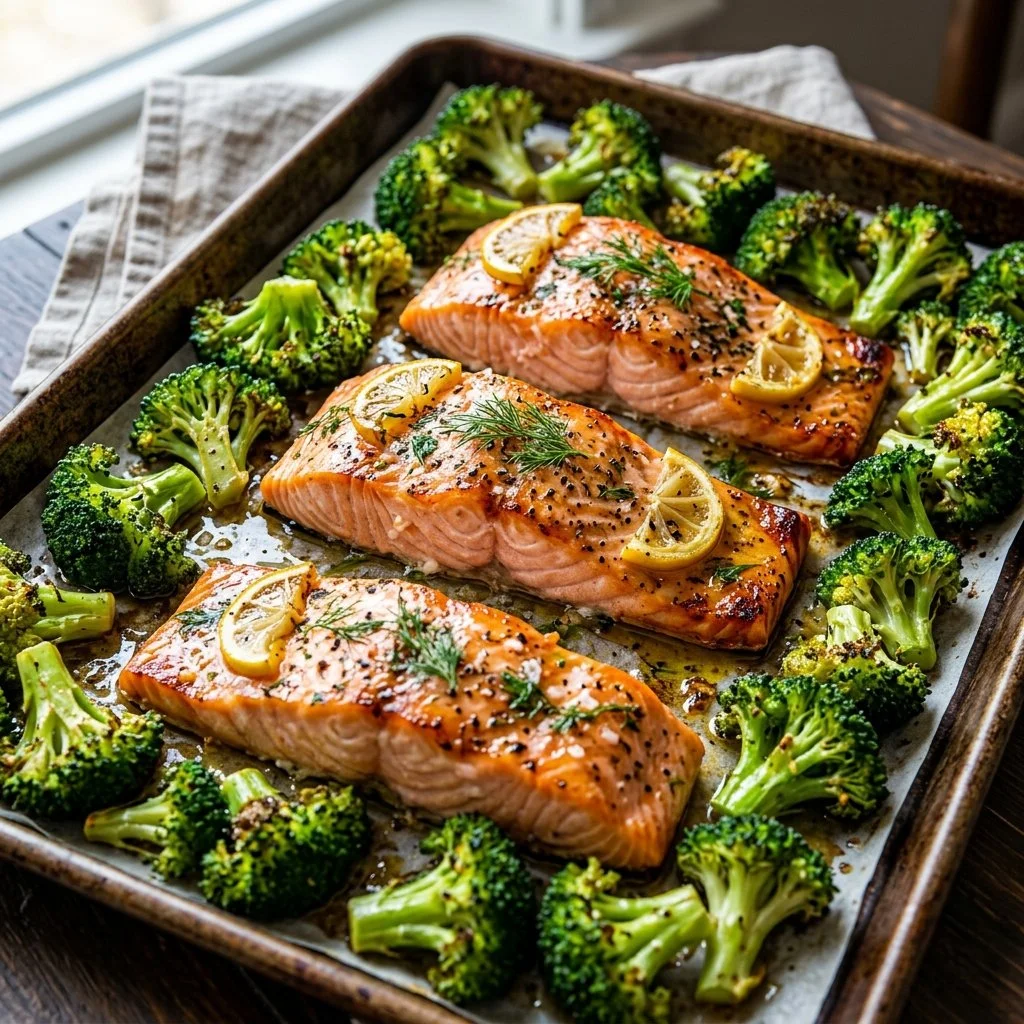 Sheet Pan Salmon and Broccoli meal prepared on a baking tray