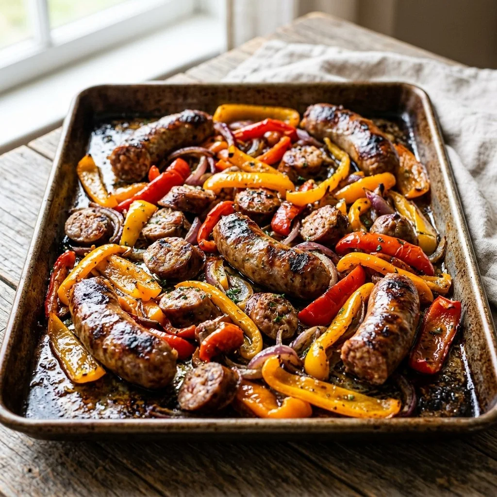 Sheet Pan Sausage and Peppers dish with vibrant vegetables