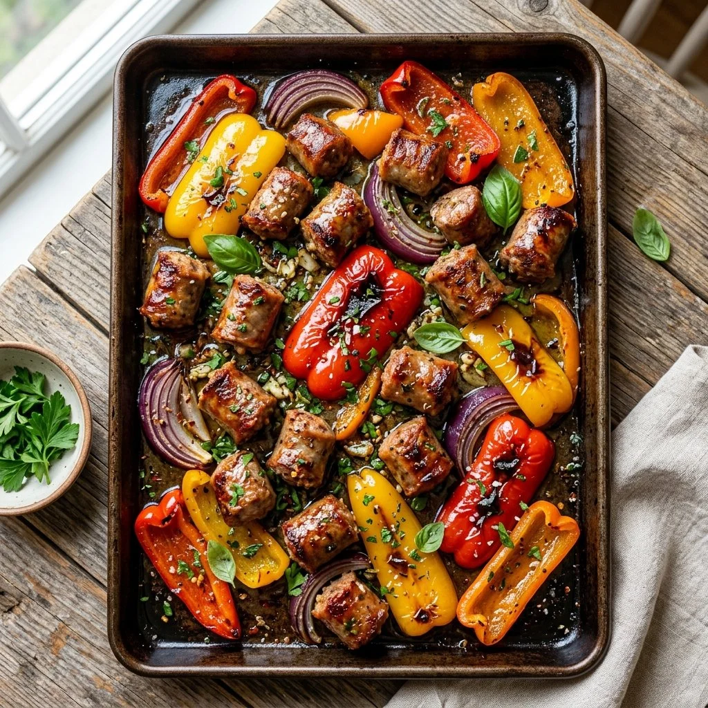 Delicious sheet pan sausage and peppers dish ready to serve.