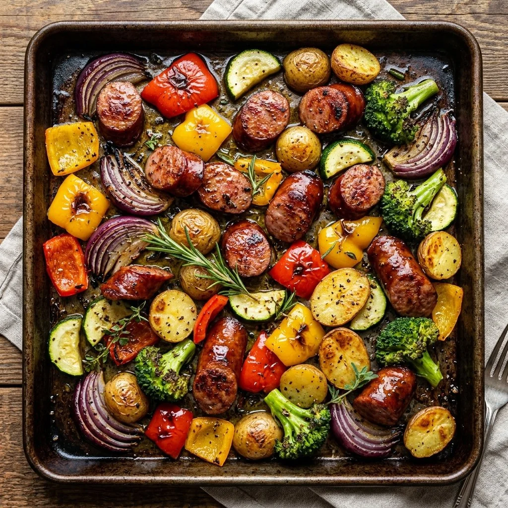 Colorful sheet pan sausage and veggies before roasting.