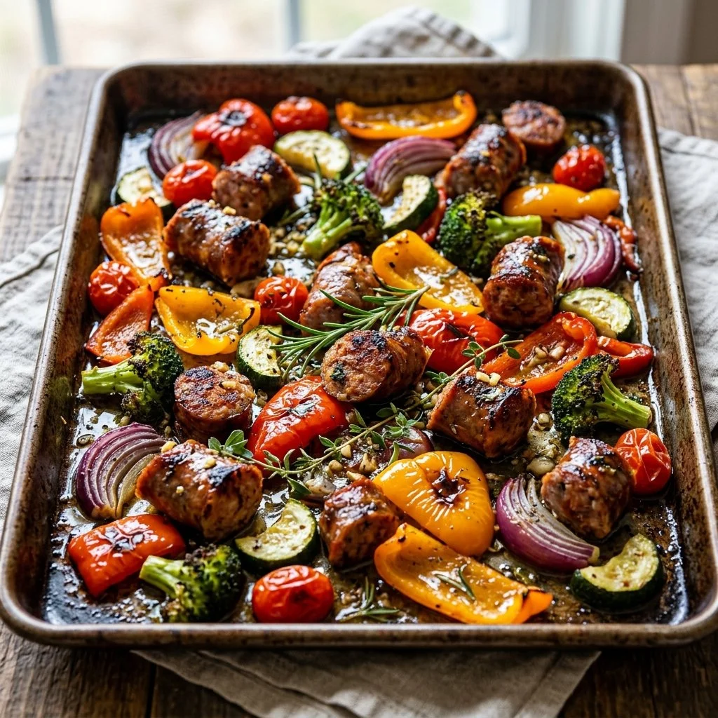 Sheet pan with sausage and various colorful veggies roasted together.