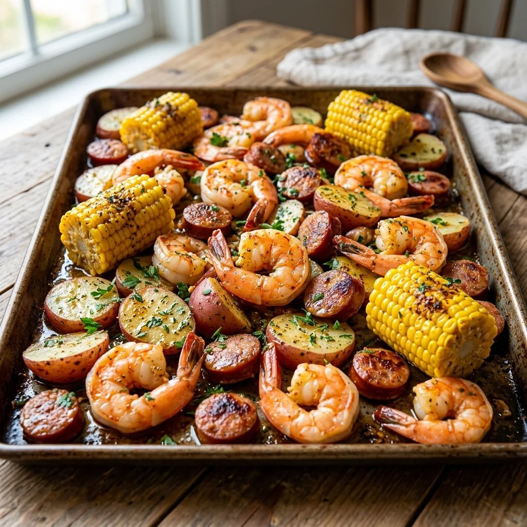 Delicious sheet pan shrimp boil with corn and potatoes ready to serve.
