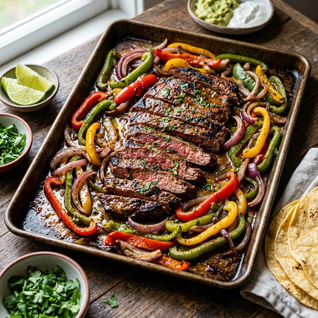 Sheet pan steak fajitas with colorful peppers and onions roasted to perfection.