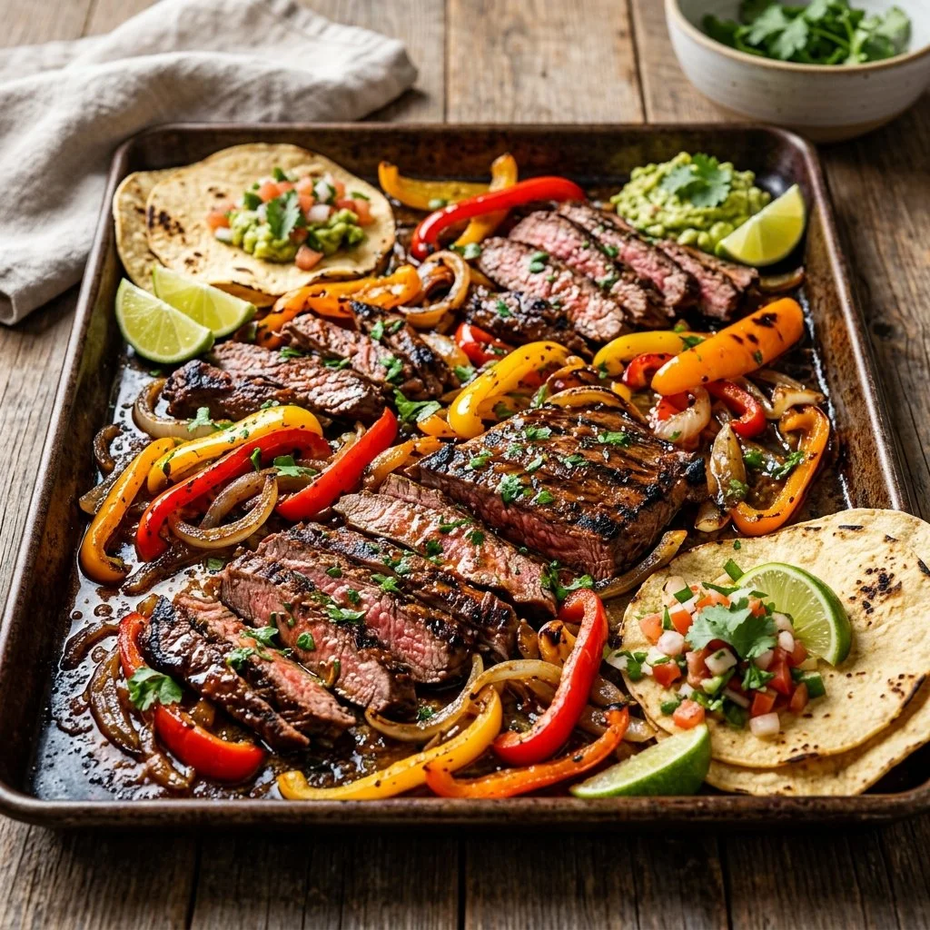 Sheet pan steak fajitas with bell peppers and onions