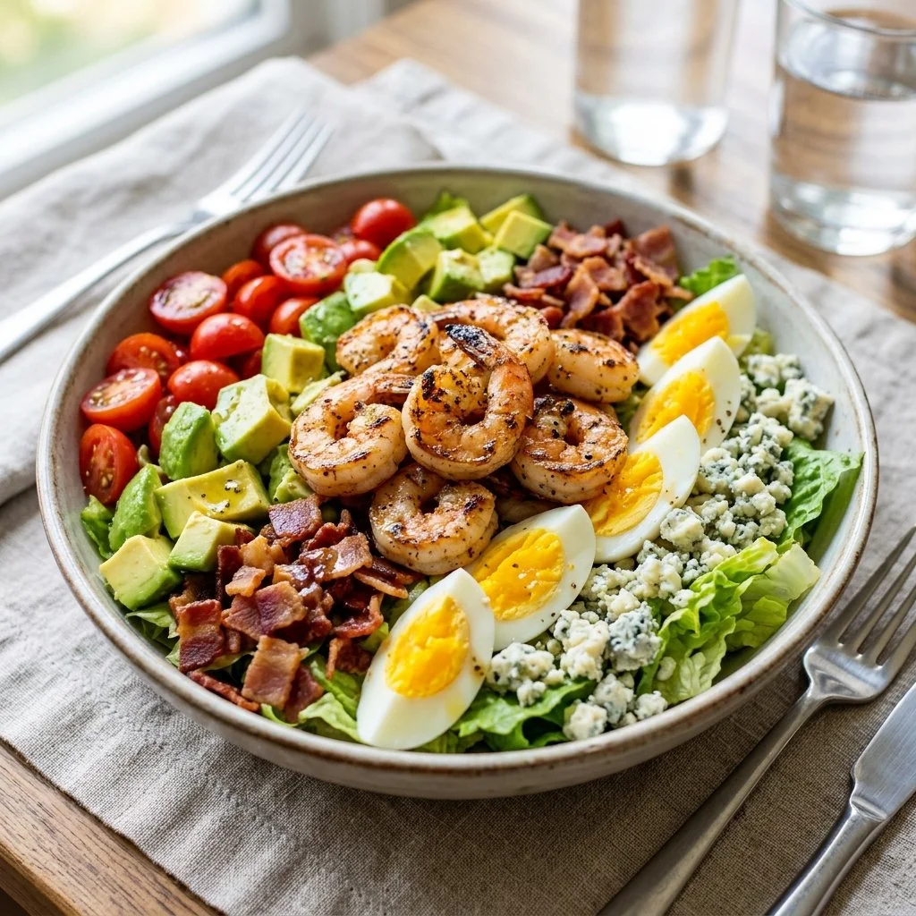Delicious Shrimp Cobb Salad with fresh vegetables, shrimp, and dressing