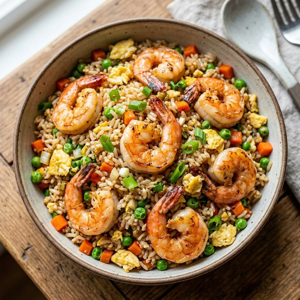 Delicious plate of shrimp fried rice with colorful vegetables and shrimp