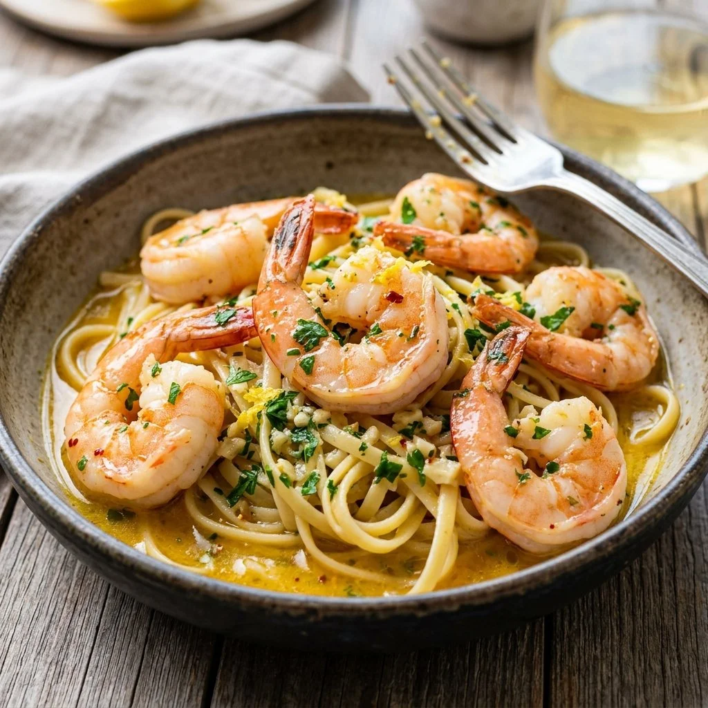 Delicious shrimp scampi with garlic butter sauce and pasta