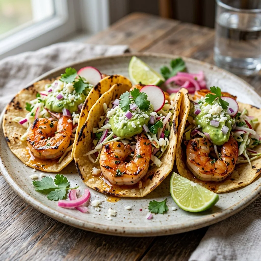 Delicious shrimp tacos with fresh toppings and a salsa garnish