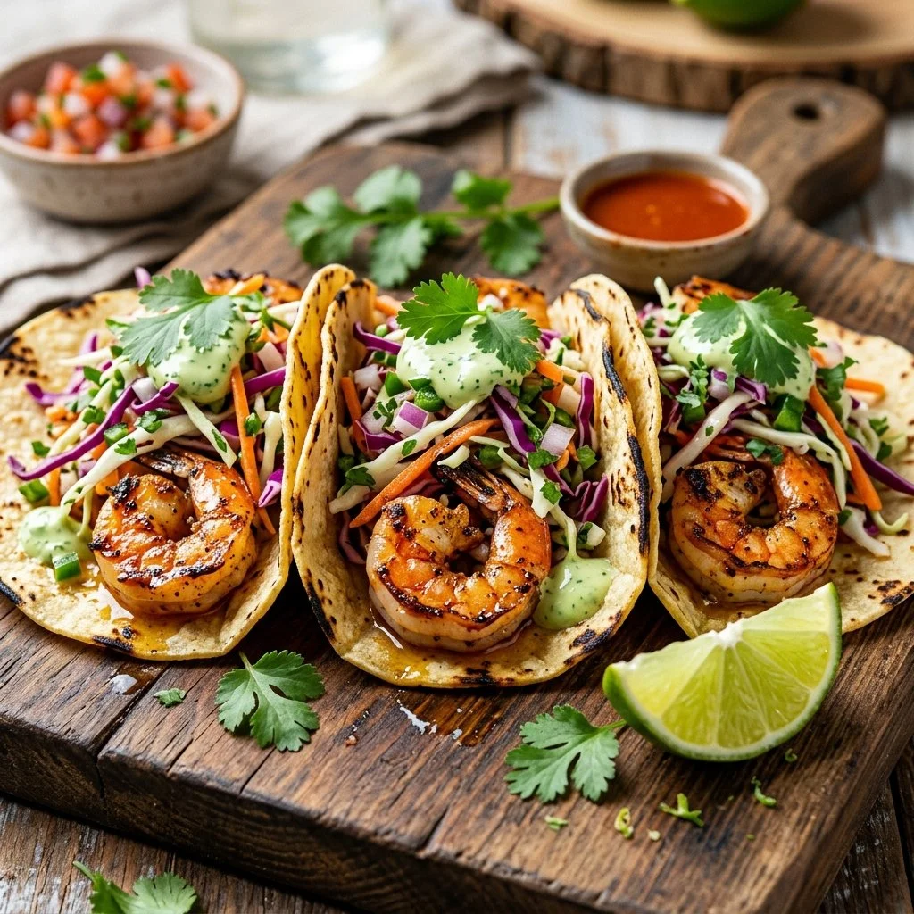 Delicious shrimp tacos topped with fresh slaw on a wooden table