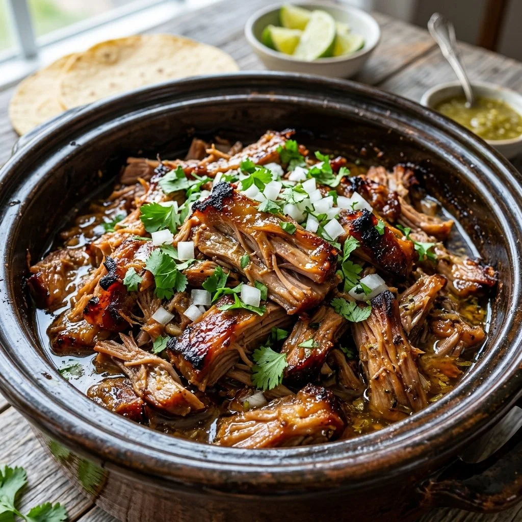 Delicious slow cooker carnitas served in a taco with fresh toppings